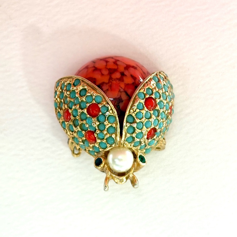 Vintage Hattie Carnegie Trembler Ladybug Brooch Pink Turquoise 1950s